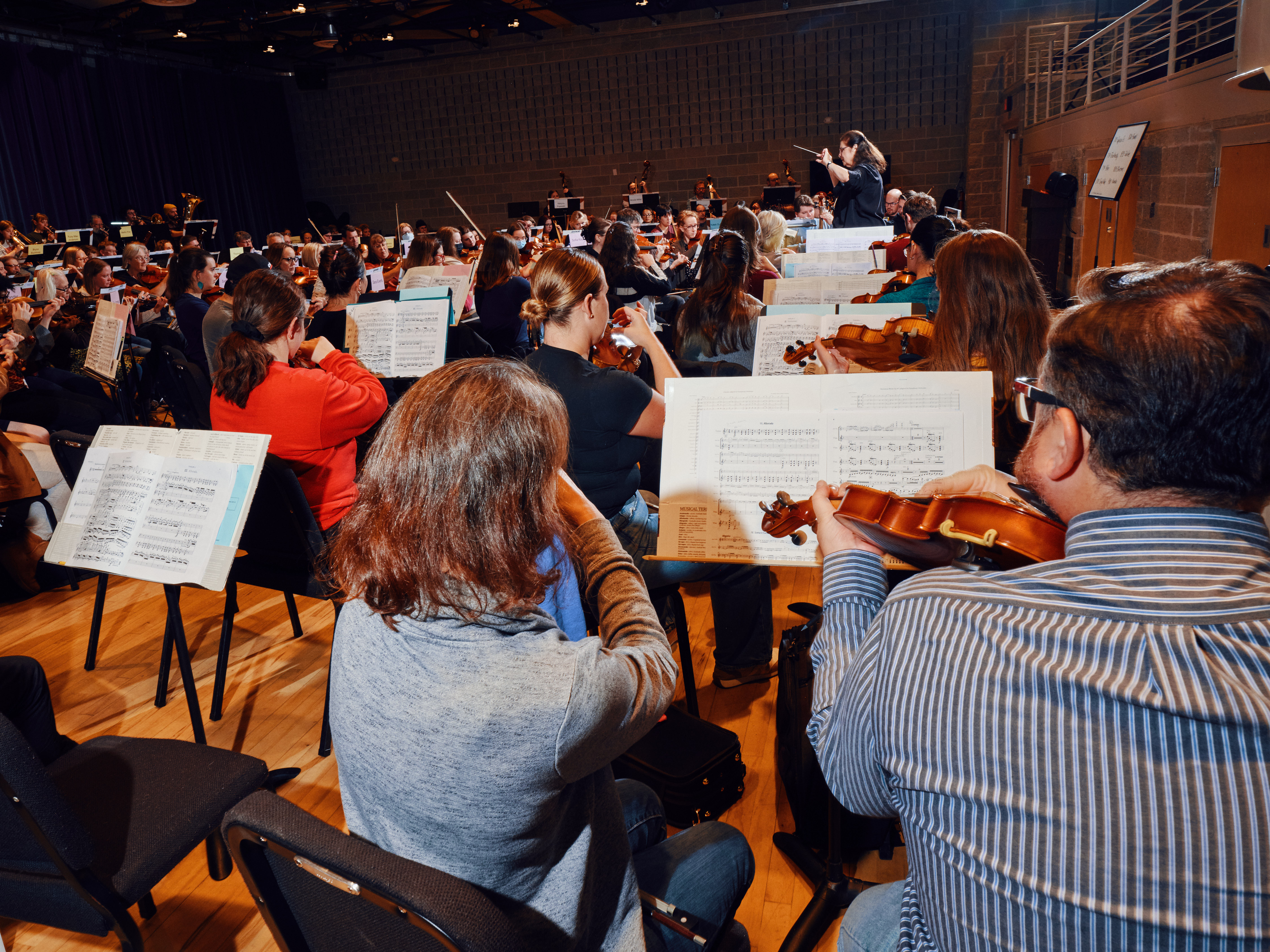 Photo of Milwaukee Community Orchestra taken from back of violin section looking toward the conductor